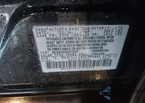 2016 Nissan Sentra Fe+ S/S/Sl/Sr/Sv z USA, uszkodzony, nr VIN 3N1AB7AP4GY275375